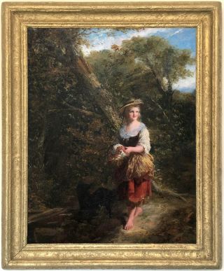 Girl On A Forest Path Antique Oil Painting By Phoebus Levin (german,  1836–1908)