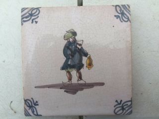 Antique Dutch/holland/delft Tile,  Man Carrying Lantern?,  Hand Painted,  Thick