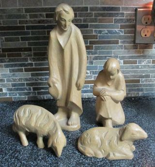 Hand Carved In Germany Wood Figurines : Shepherds With Animals (12 Inch Scale)