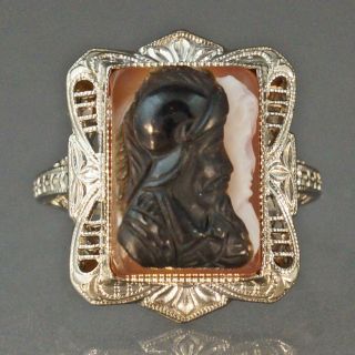 C - 1930s,  Solid 14k White Gold & Chalcedony,  Double Portrait Intaglio,  Cameo Ring