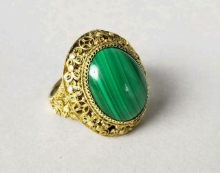 Old Antique Chinese Export Gold Gilt Silver Malachite Adjustable Filigree Ring