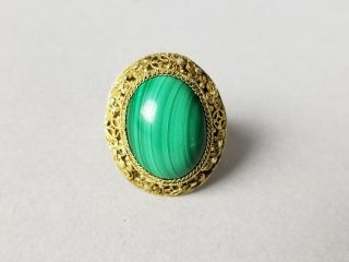 Old Antique Chinese Export Gold Gilt Silver Malachite Adjustable Filigree Ring 2