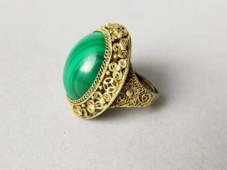 Old Antique Chinese Export Gold Gilt Silver Malachite Adjustable Filigree Ring 3