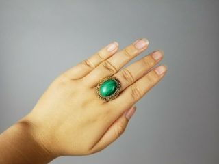 Old Antique Chinese Export Gold Gilt Silver Malachite Adjustable Filigree Ring 4