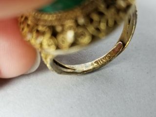 Old Antique Chinese Export Gold Gilt Silver Malachite Adjustable Filigree Ring 6