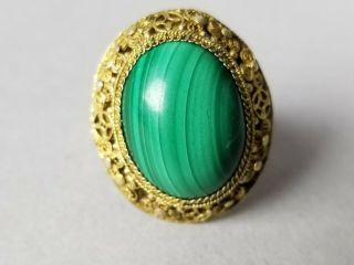 Old Antique Chinese Export Gold Gilt Silver Malachite Adjustable Filigree Ring 7