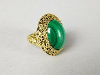 Old Antique Chinese Export Gold Gilt Silver Malachite Adjustable Filigree Ring 8