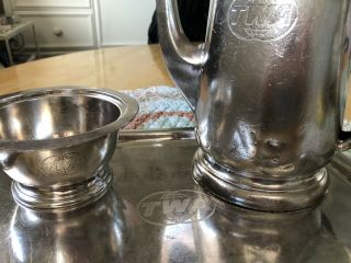 TWA vintage International Silver coffee/tea pot,  sugar bowl and tray. 5