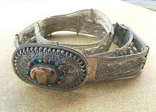 Vintage Custom Made Silver Wire Concho Belt,  Turquoise Coral Tigers Eye Buckle