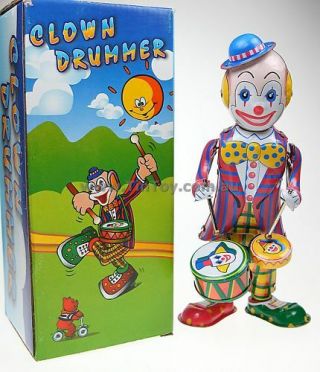 Wind Up Tin Toy Clown Beating Drum 21cm Classic Tin Toy Shelf Wear Box