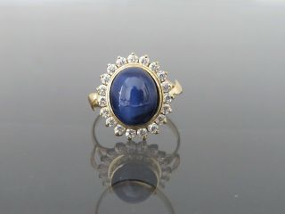 Vintage 18k Solid Yellow Gold Blue Star Ruby & White Topaz Halo Ring Size 8.  5