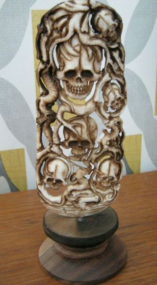 Large Hand Carved Skeleton Sugar Skull Okimono In Buffalo Bone Momento Mori
