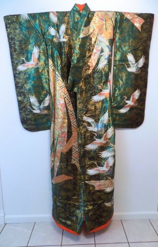 Vintage Long Green Handmade Silk Colorful Japanese Kimono Robe Ceremonial
