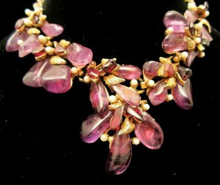 Rare Vintage 16 " Har Goldtone Purple Glass Faux Pearl Statement Bib Necklace A4