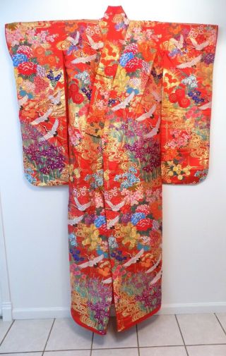Vintage Long Red Handmade Silk Colorful Japanese Kimono Robe Ceremonial Wedding