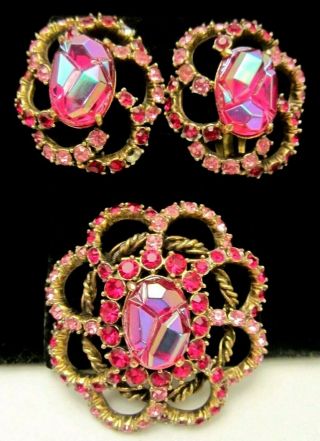 Rare Vintage Signed Schiaparelli Pink Red Rhinestone Brooch & Earring Set A67
