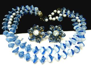 Rare Vintage Signed Miriam Haskell Blue Art Glass 16 " Necklace & Earring Set A18
