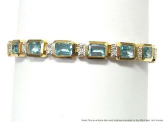 17.  40ctw Emerald Cut Blue Topaz Diamond Solid Gold Bracelet Vintage Tennis Line