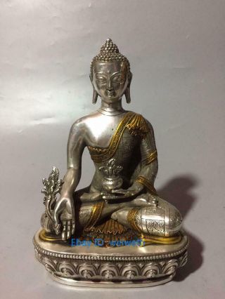 8 " Tibetan Silver Buddhism Sakyamuni Medicine Shakyamuni Buddha Statue