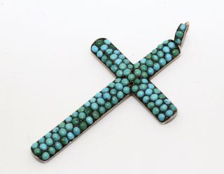 A Antique Victorian 9ct Gold & Silver Turquoise Cross Pendant 13767