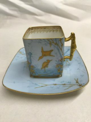 Vintage Blue Gold Leaf French Depose Teacup Saucer Raised Bird Design Handpaint