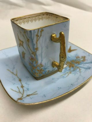 VINTAGE BLUE GOLD LEAF FRENCH DEPOSE TEACUP SAUCER RAISED BIRD DESIGN HANDPAINT 2