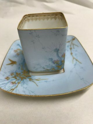 VINTAGE BLUE GOLD LEAF FRENCH DEPOSE TEACUP SAUCER RAISED BIRD DESIGN HANDPAINT 4