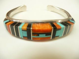 VINTAGE ZUNI INDIAN SILVER MULTISTONE RAISED INLAY BRACELET BRYCE & ERMA EUSTACE 4