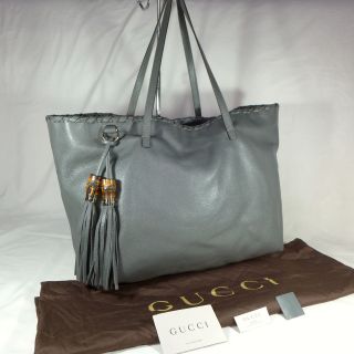Authentic Rare Gucci Grey Leather Large Bamboo Tassel Tote Handbag Purse Ex Con