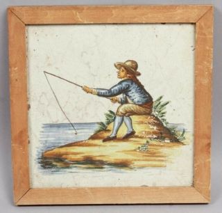 Antique 17/18c Dutch Faience Pottery Tile Hand Painted Scene Of Man Fishing