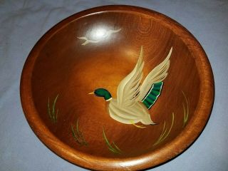 Vintage Munising 11 Inch Footed Woodenware Bowl With Hand Painted Mallard Duck