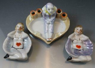 3 Vintage Japan Porcelain Figural Lusterware Bathing Beauty Pin & Ash Trays