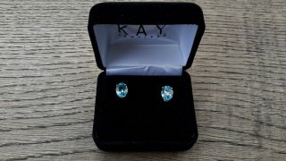 Vintage 14k Yellow Gold Oval Blue Topaz Solitaire Stud Earrings - Vibrant