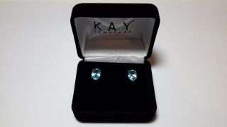Vintage 14k Yellow Gold Oval Blue Topaz Solitaire Stud Earrings - Vibrant 2