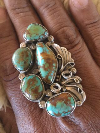 Vintage Navajo Turquoise Sterling Silver Leaf Ring Size 8.  5