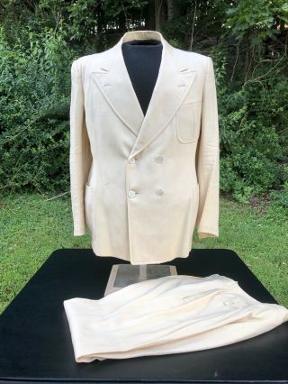 Vintage 1930s 1940s Double Breasted Belt Back Ivory Windowpane Suit Very Rare