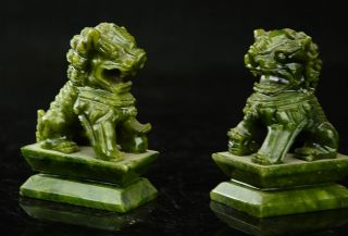 Rare A 100 China natural green jade hand - carved statues fo dog lion 2