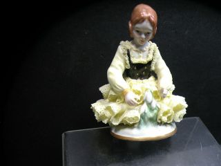 Antique Irish Dresden Lace Lacy Dressed Porcelain Girl With Rabbit May Flower