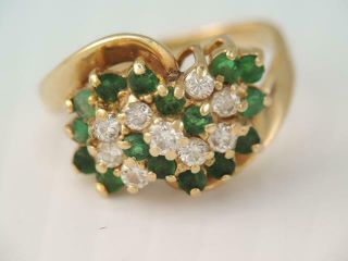 Vintage Solid 14k Gold Natural 3/4 Ct Tw Diamond & Emerald Cocktail Ring