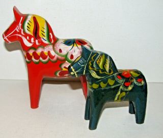 Two Vintage Carved Wood Sweden Dala Horse Figures Signed