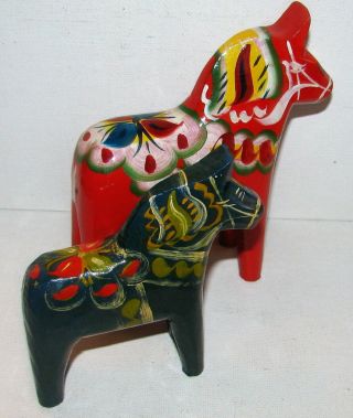 Two Vintage Carved Wood Sweden Dala Horse Figures Signed 7