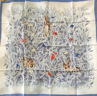 1956 Hermes Rare Vintage Silk Scarf/carré “the Wheat”in Blue - Hugo Grygkar