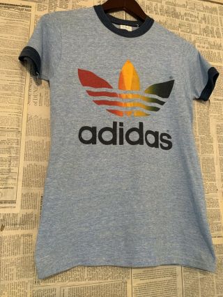 Vtg 80s Adidas Rainbow Trefoil Triblend T - Shirt