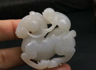 Chinese Vintage Hetian White Jade Naughty Monkey Riding On Horse Totem Carving L