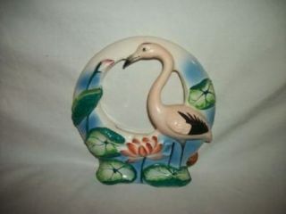 Vintage Flamingo Lotus Flower Wall Pocket Vase Hp Japan Green Mark 40 