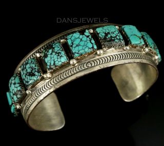 Vintage Zuni Navajo Old Pawn Spiderweb Raised Turquoise Sterling Bracelet