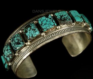 Vintage ZUNI Navajo Old Pawn Spiderweb Raised Turquoise Sterling Bracelet 2