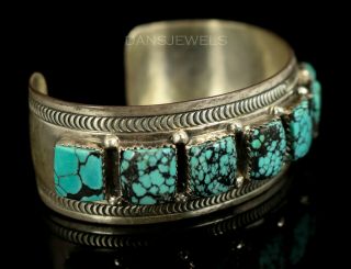 Vintage ZUNI Navajo Old Pawn Spiderweb Raised Turquoise Sterling Bracelet 4