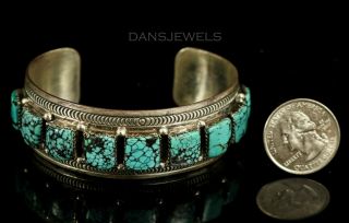 Vintage ZUNI Navajo Old Pawn Spiderweb Raised Turquoise Sterling Bracelet 8