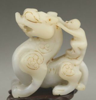 Chinese Old Natural Hetian Jade Hand - Carved Dragon Design Statue 2.  9 Inch